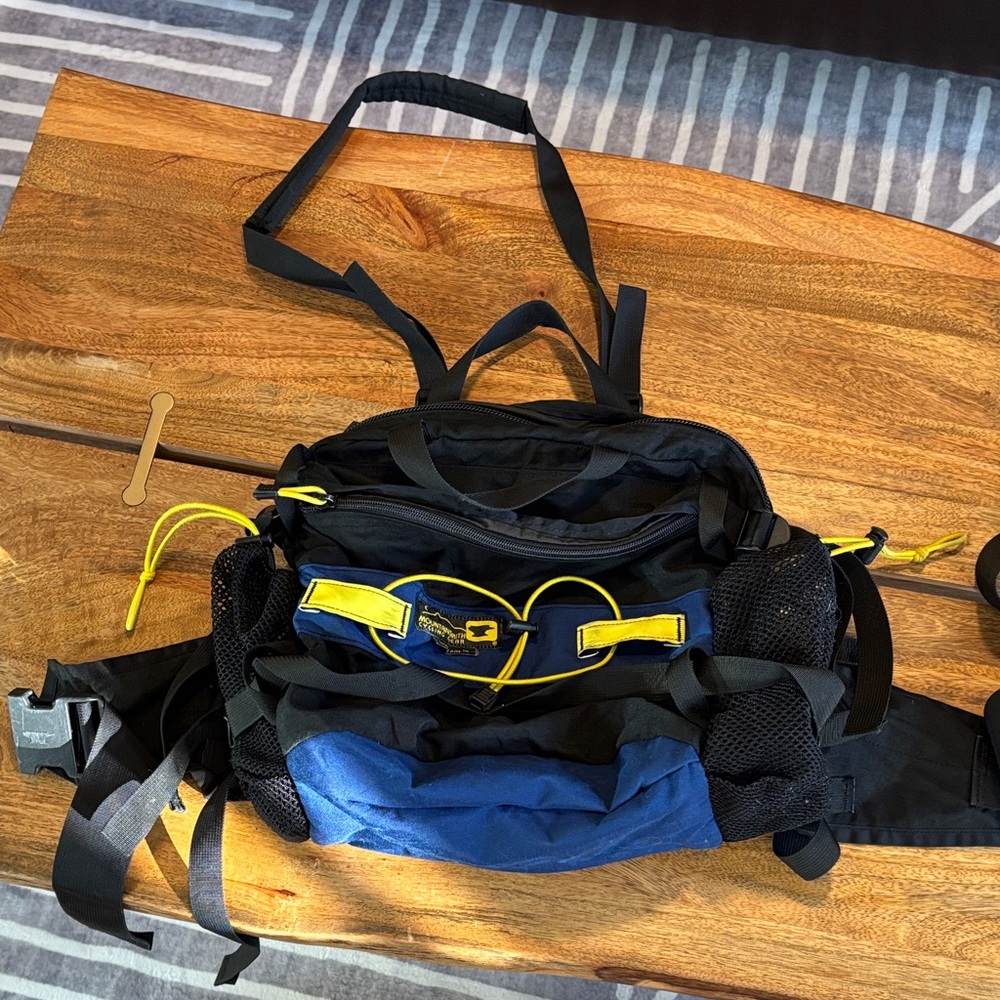 Men's Black and Blue Backpack with Yellow Accents